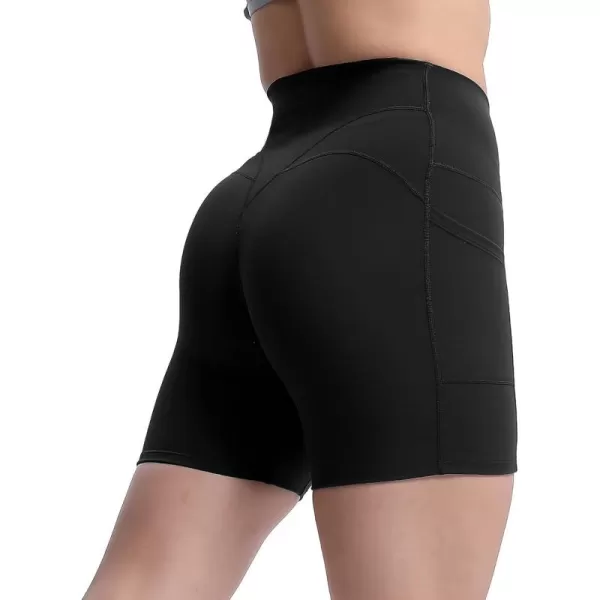 Aoxjox Biker Workout Shorts Women with Pocket Legend Tummy Control High Waisted Exercise Athletic Gym Running Yoga Shorts 5quotBlack