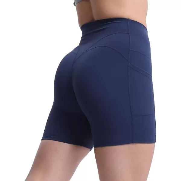 Aoxjox Biker Workout Shorts Women with Pocket Legend Tummy Control High Waisted Exercise Athletic Gym Running Yoga Shorts 5quotNavy