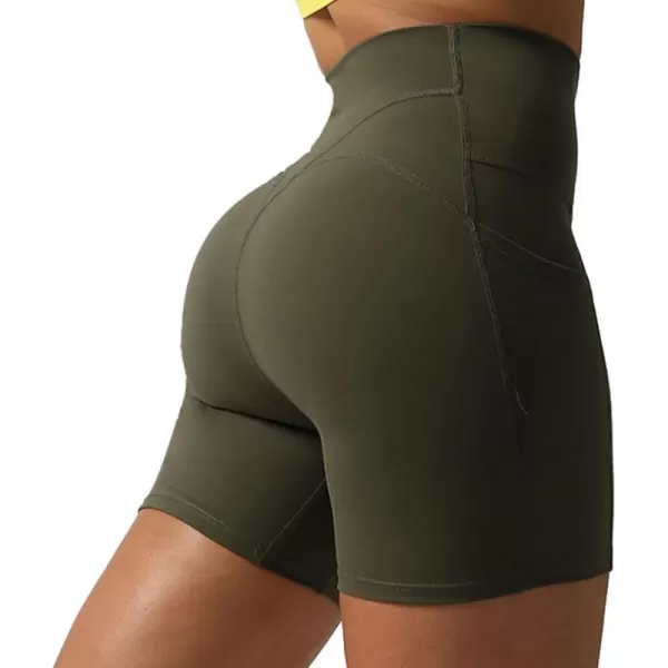 Aoxjox Biker Workout Shorts Women with Pocket Legend Tummy Control High Waisted Exercise Athletic Gym Running Yoga Shorts 5quotOlive Green