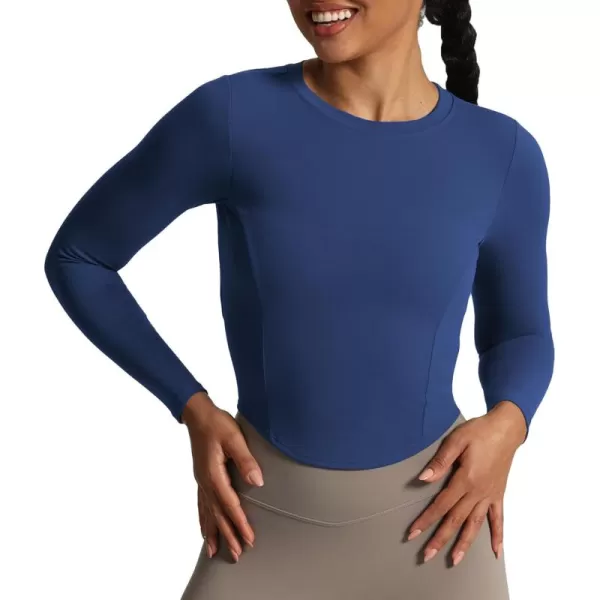 Aoxjox Long Sleeve TShirt for Women GEO Seamlines Padded Curve Longline Workout Crop TopBellwether Blue