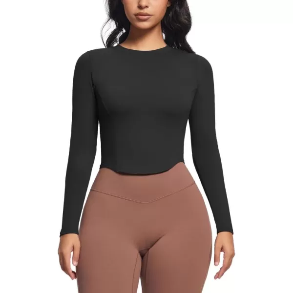 Aoxjox Long Sleeve TShirt for Women GEO Seamlines Padded Curve Longline Workout Crop TopBlack