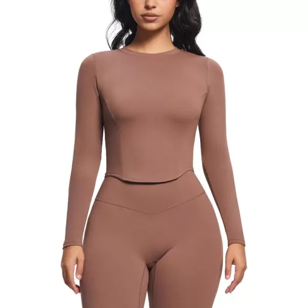 Aoxjox Long Sleeve TShirt for Women GEO Seamlines Padded Curve Longline Workout Crop TopFudge Coffee