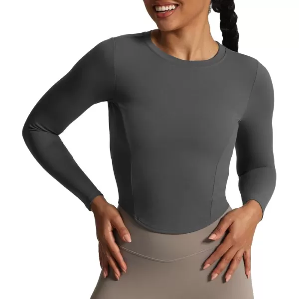 Aoxjox Long Sleeve TShirt for Women GEO Seamlines Padded Curve Longline Workout Crop TopIron Grey