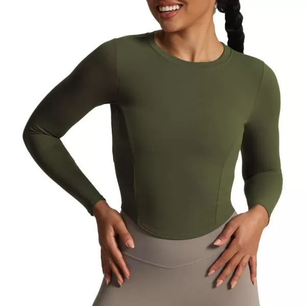 Aoxjox Long Sleeve TShirt for Women GEO Seamlines Padded Curve Longline Workout Crop TopOlive Green