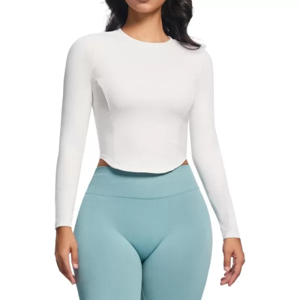 Aoxjox Long Sleeve TShirt for Women GEO Seamlines Padded Curve Longline Workout Crop TopWhite