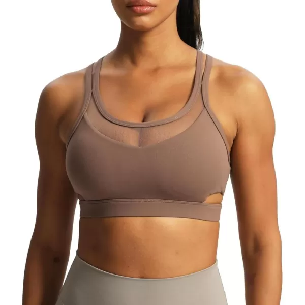 Aoxjox Womens Workout Sports Bras Kendal Cutout Mesh CrossBack Fitness Padded Gym Bra Yoga Crop Tank TopFudge Coffee