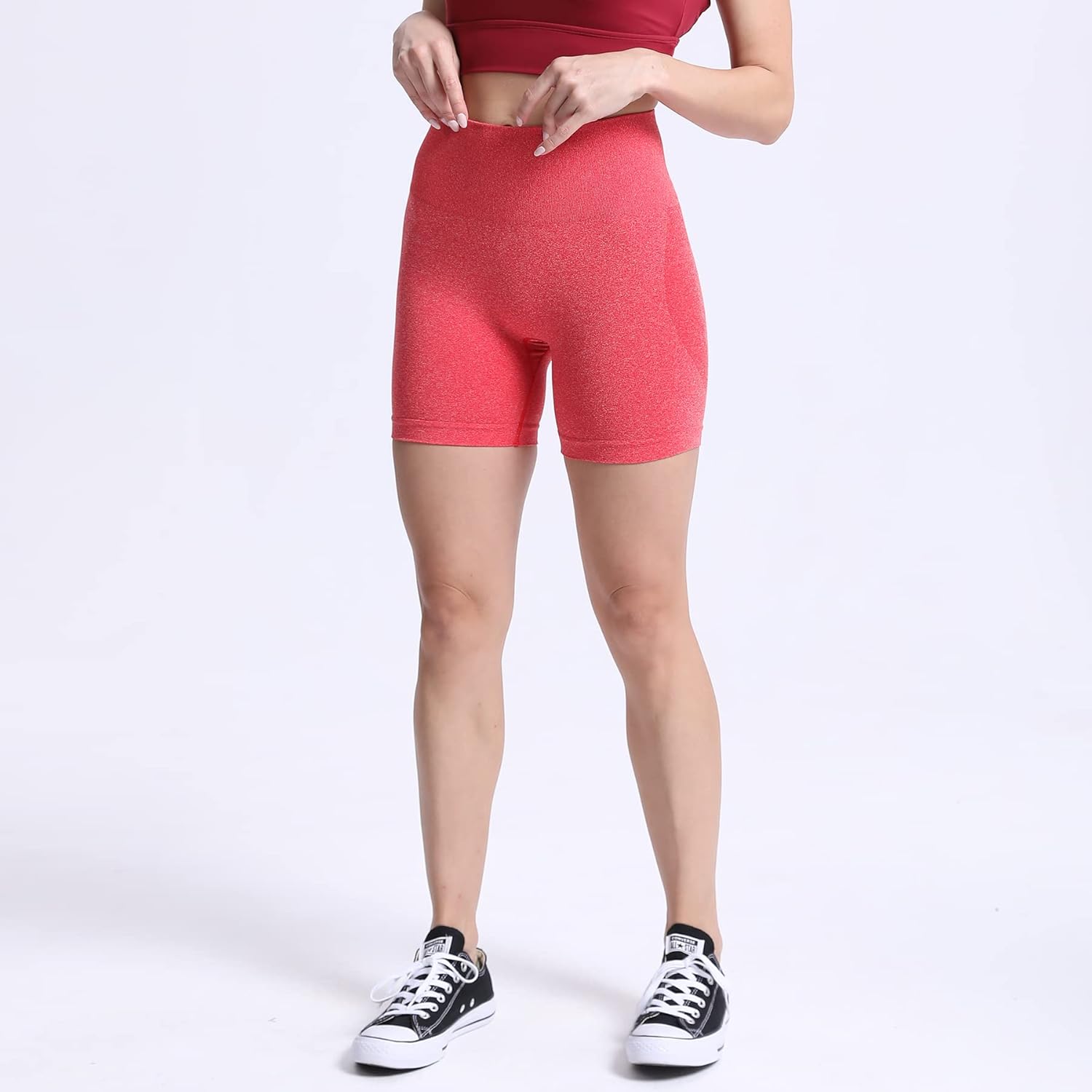 Aoxjox Contour Seamless Shorts for Women High Waist Workout Shorts Gym Biker Shorts Booty Running Yoga Shorts 5quotRacing Red Marl Not Squat Proof But Cute