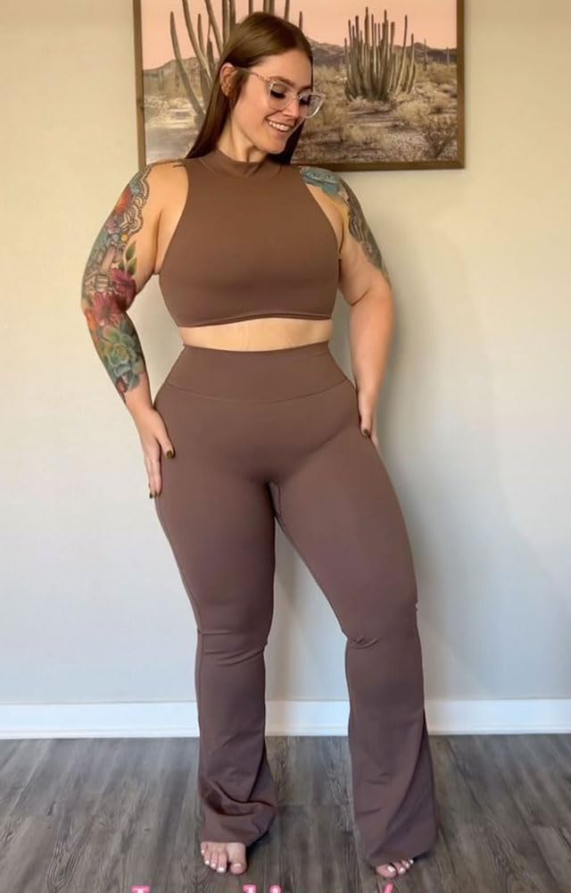 Aoxjox Flare Leggings for Women Trinity Tummy Control High Waisted Wide Leg Yoga PantsFudge Coffee