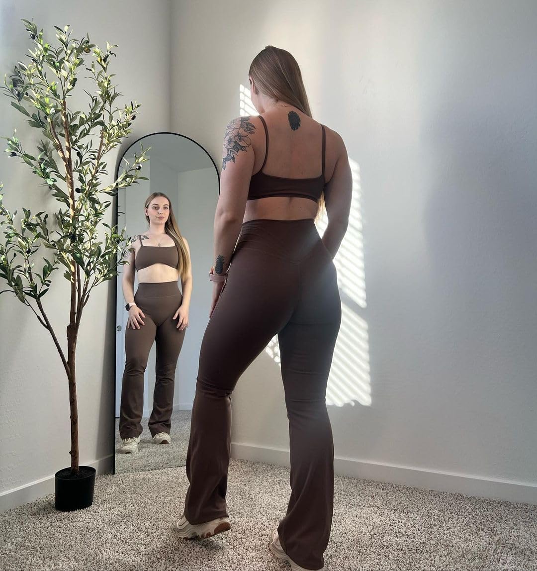 Aoxjox Flare Leggings for Women Trinity Tummy Control High Waisted Wide Leg Yoga PantsFudge Coffee