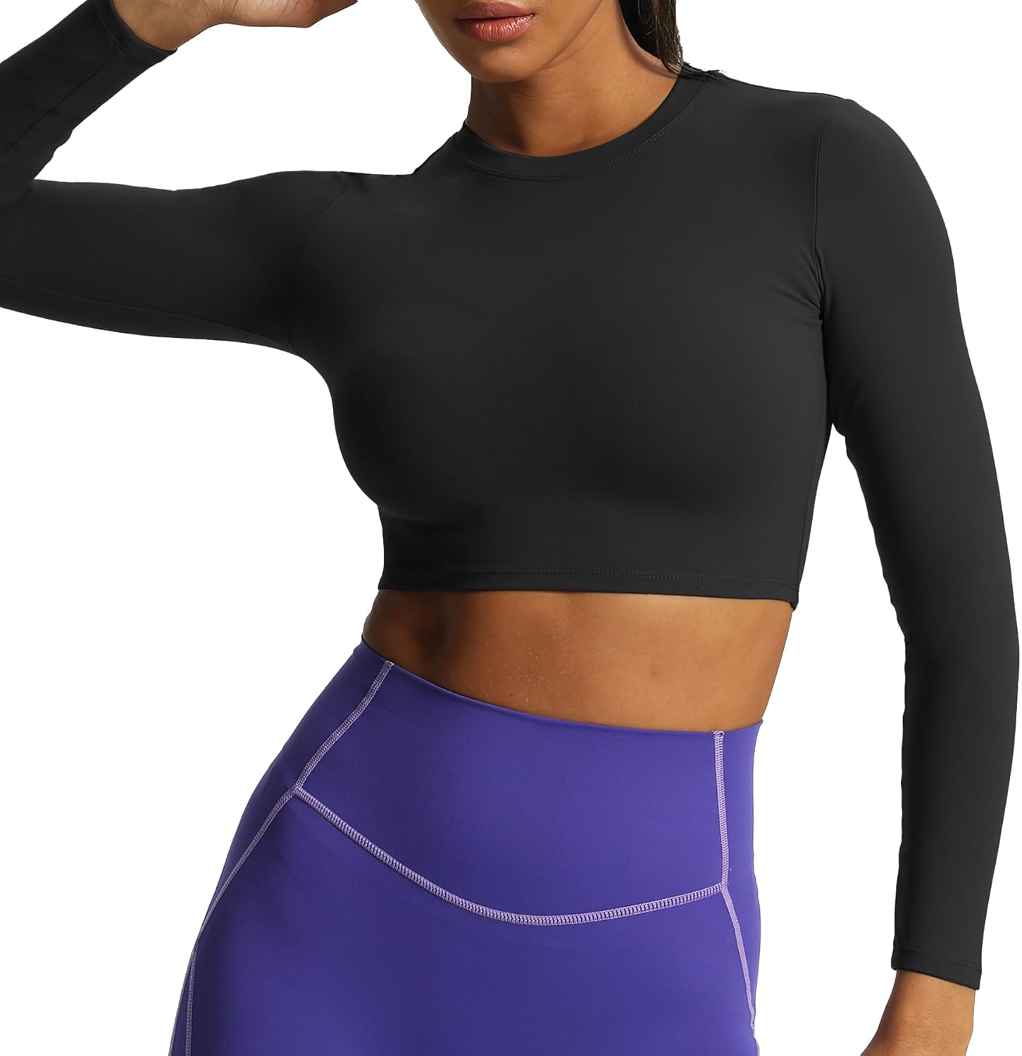 Aoxjox Long Sleeve Crop Top Crop Lengths for Women Classic Longline Workout Crop T Shirt Top Crop Length Black Small