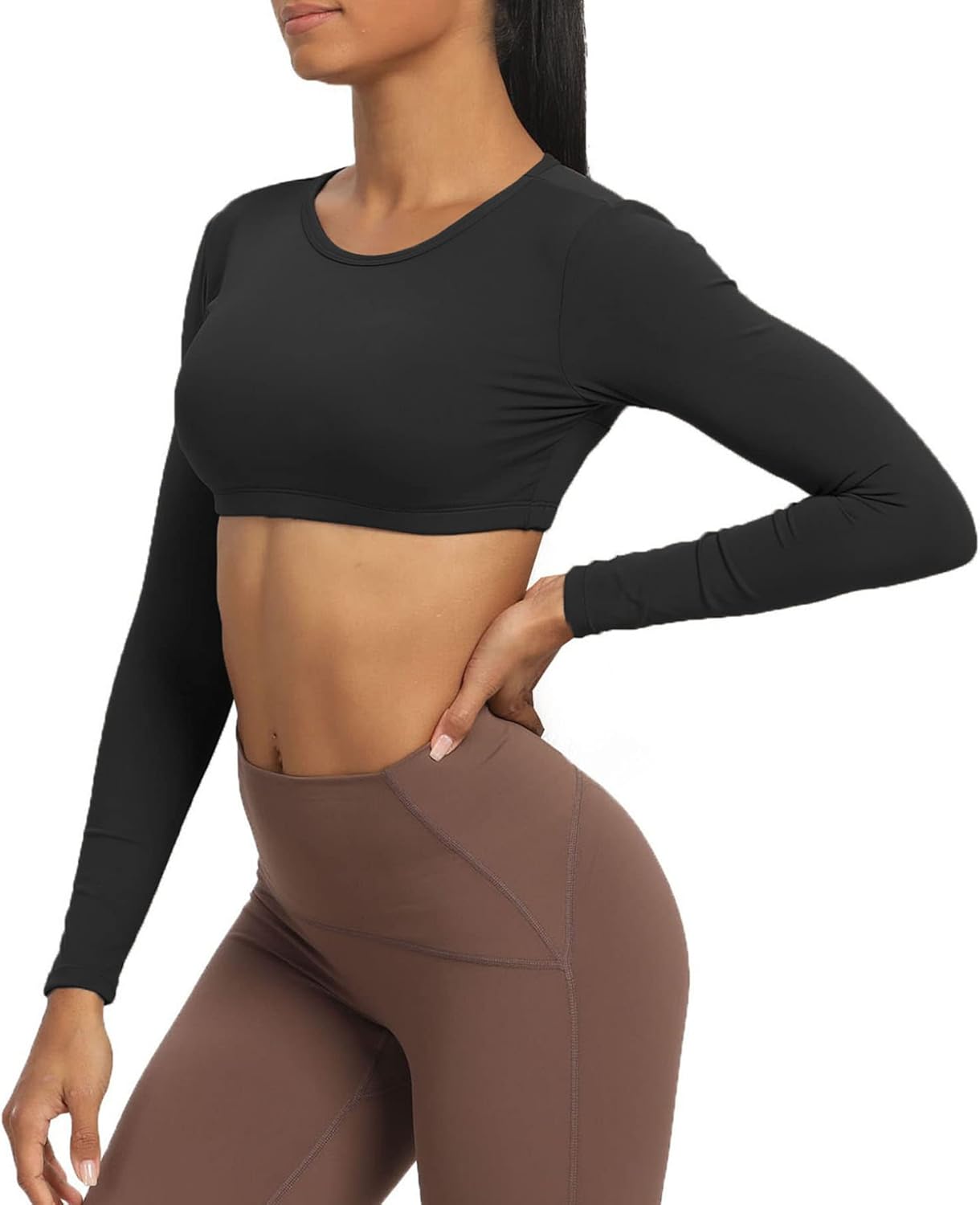 Aoxjox Long Sleeve Crop Tops for Women Clarissa Backless Workout Crop T Shirt TopA Black