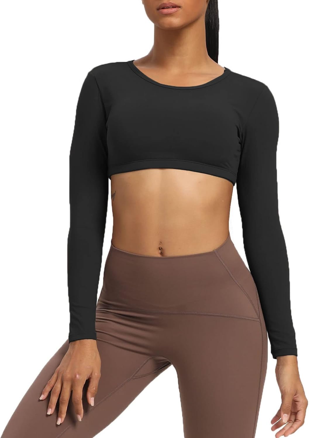 Aoxjox Long Sleeve Crop Tops for Women Clarissa Backless Workout Crop T Shirt TopA Black