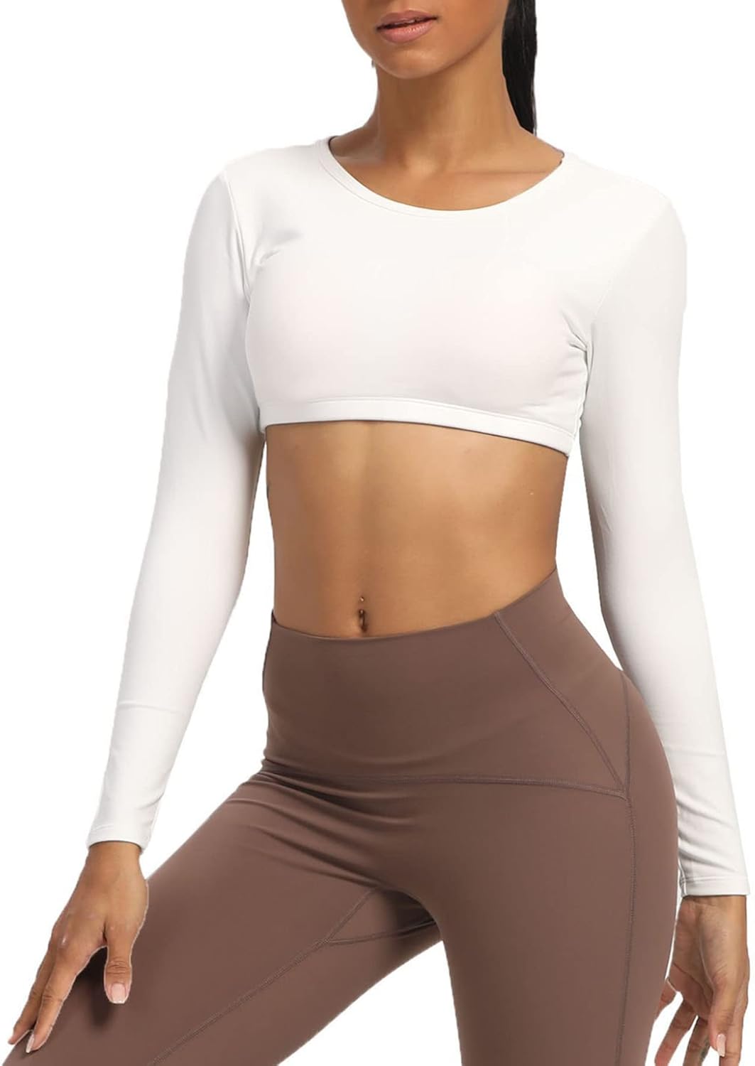 Aoxjox Long Sleeve Crop Tops for Women Clarissa Backless Workout Crop T Shirt TopA White