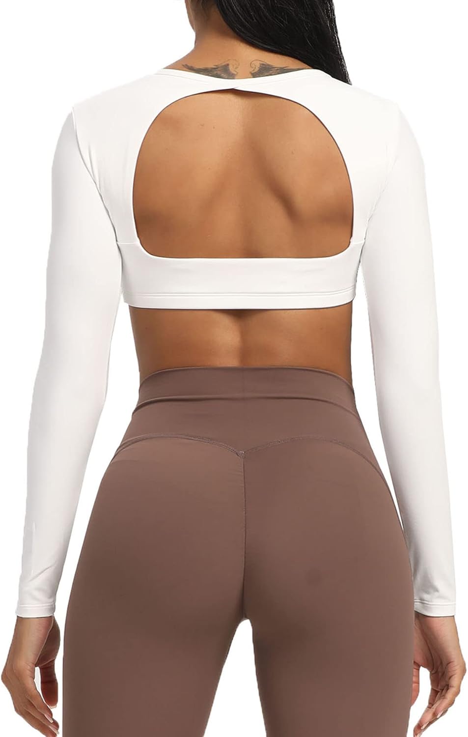 Aoxjox Long Sleeve Crop Tops for Women Clarissa Backless Workout Crop T Shirt TopA White