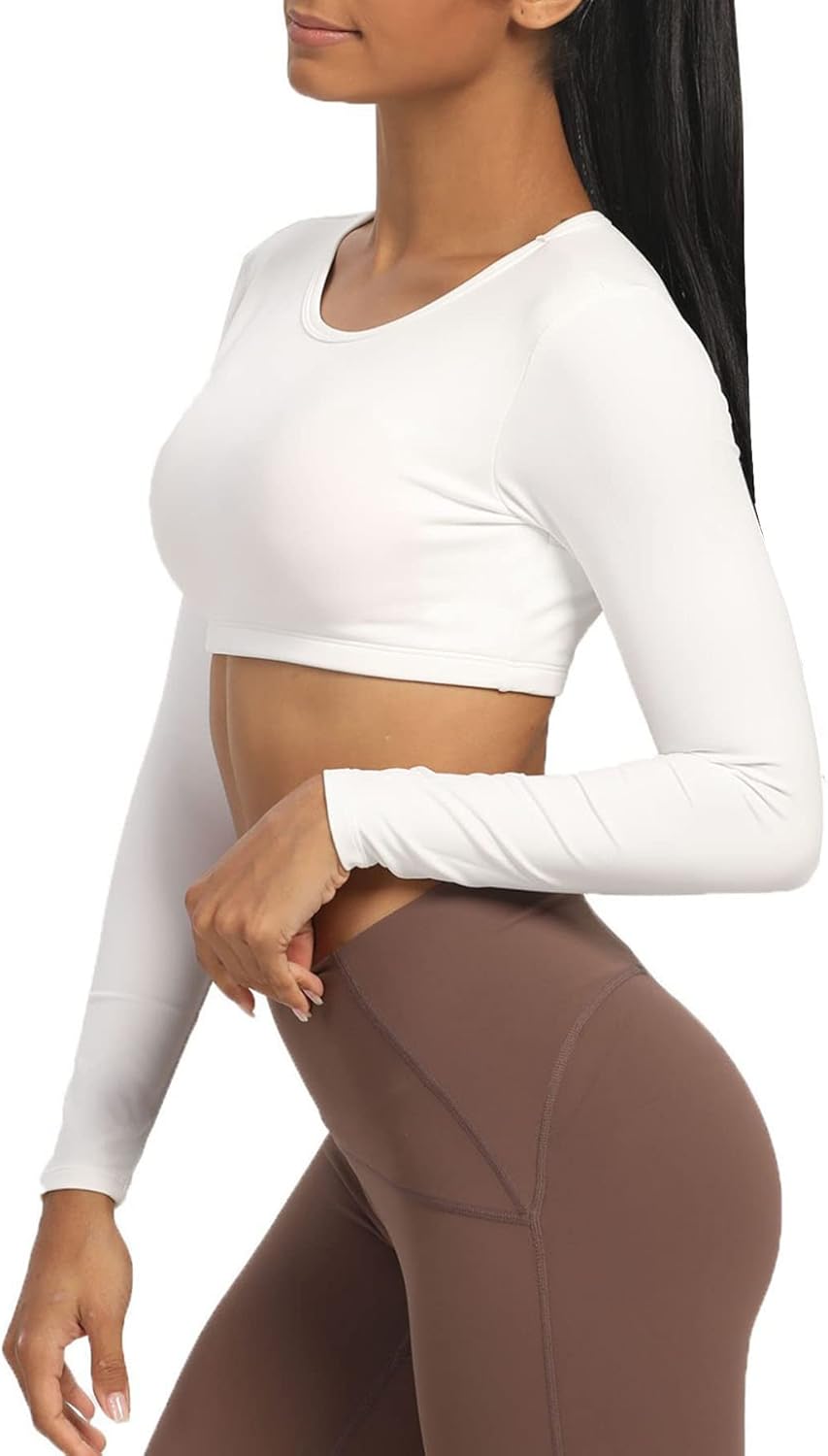 Aoxjox Long Sleeve Crop Tops for Women Clarissa Backless Workout Crop T Shirt TopA White