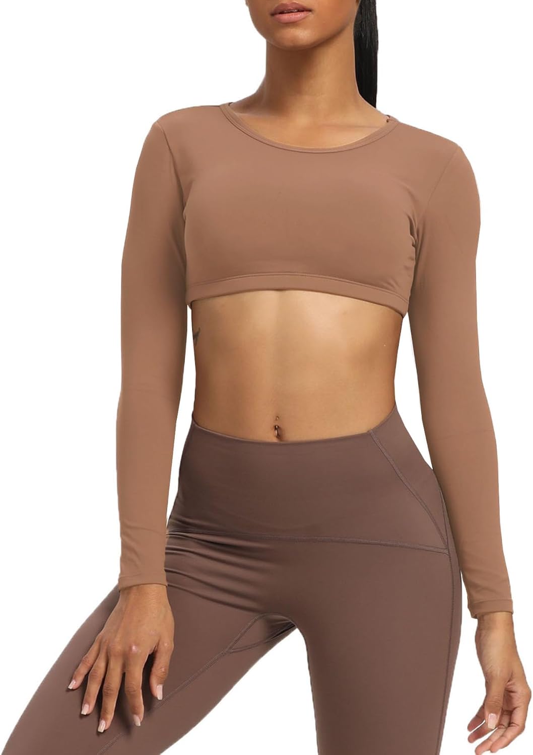 Aoxjox Long Sleeve Crop Tops for Women Clarissa Backless Workout Crop T Shirt TopBrownie