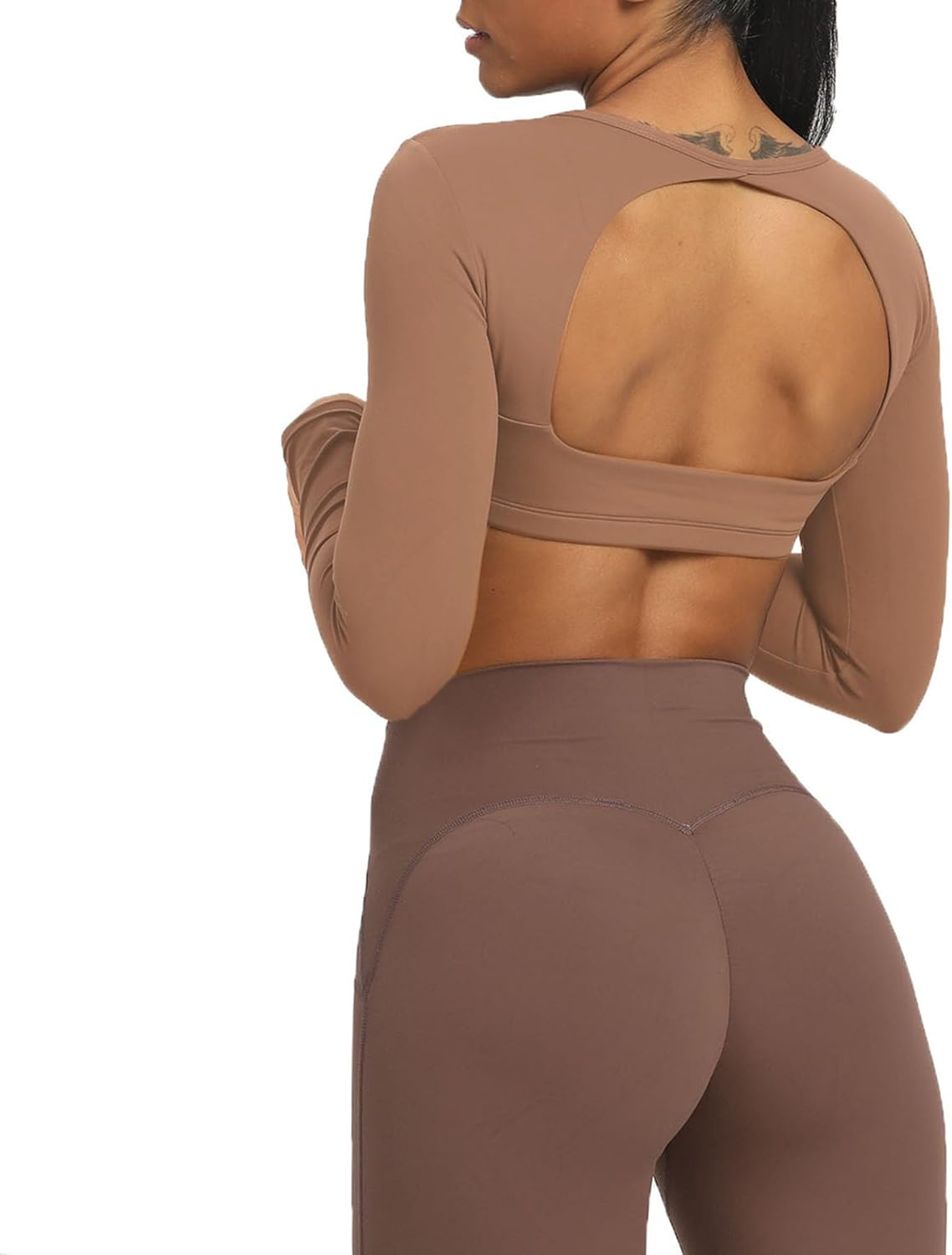 Aoxjox Long Sleeve Crop Tops for Women Clarissa Backless Workout Crop T Shirt TopBrownie
