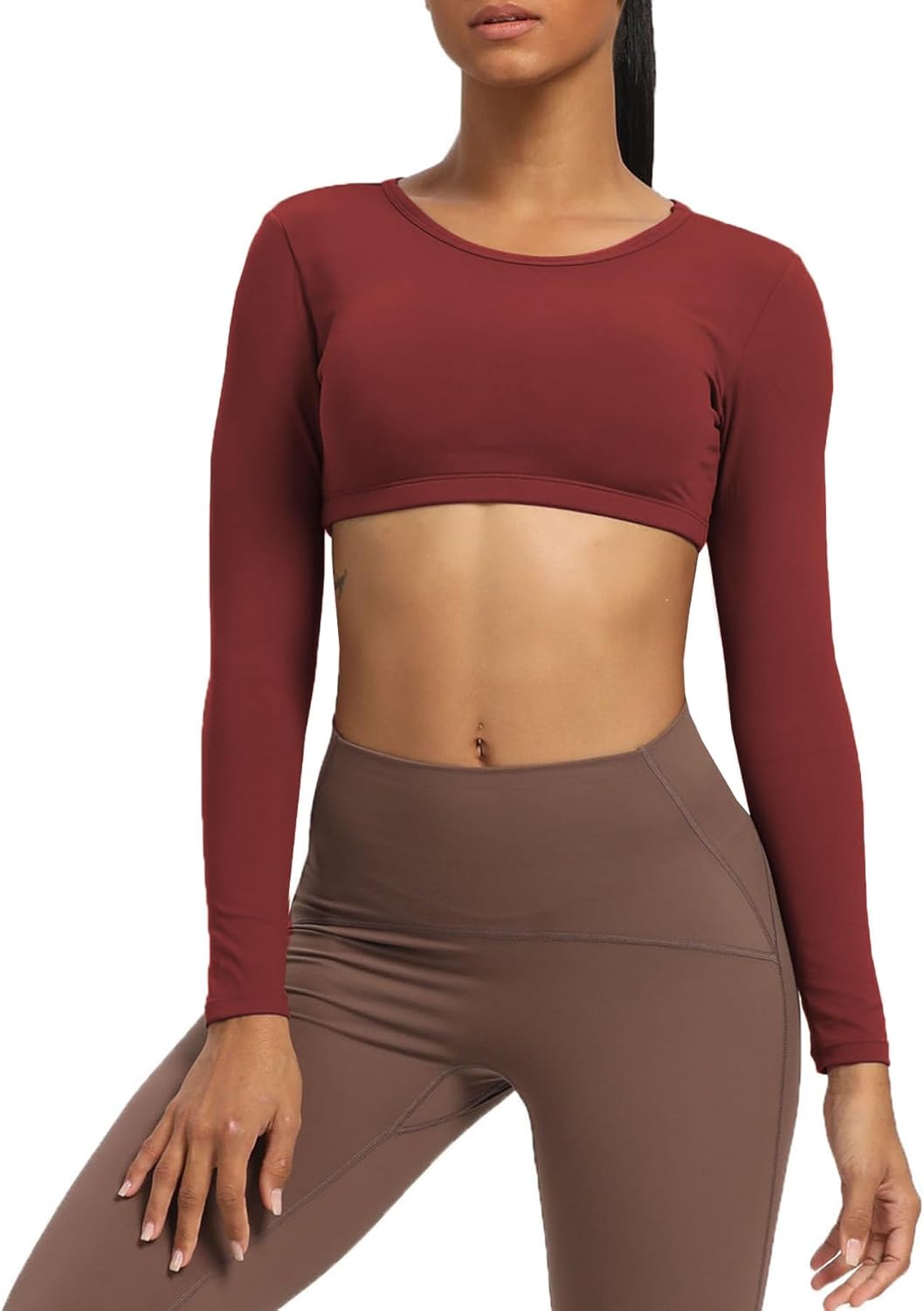 Aoxjox Long Sleeve Crop Tops for Women Clarissa Backless Workout Crop T Shirt TopBurgundy Reddish Brown