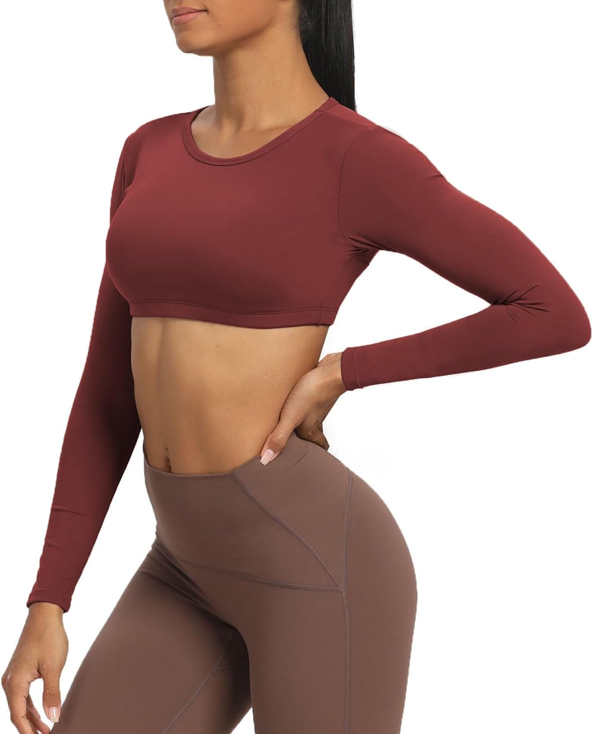 Aoxjox Long Sleeve Crop Tops for Women Clarissa Backless Workout Crop T Shirt TopBurgundy Reddish Brown
