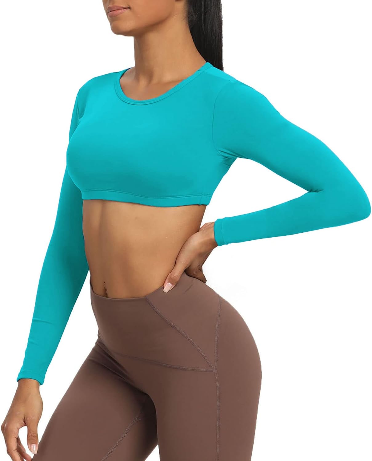 Aoxjox Long Sleeve Crop Tops for Women Clarissa Backless Workout Crop T Shirt TopCascade Blue