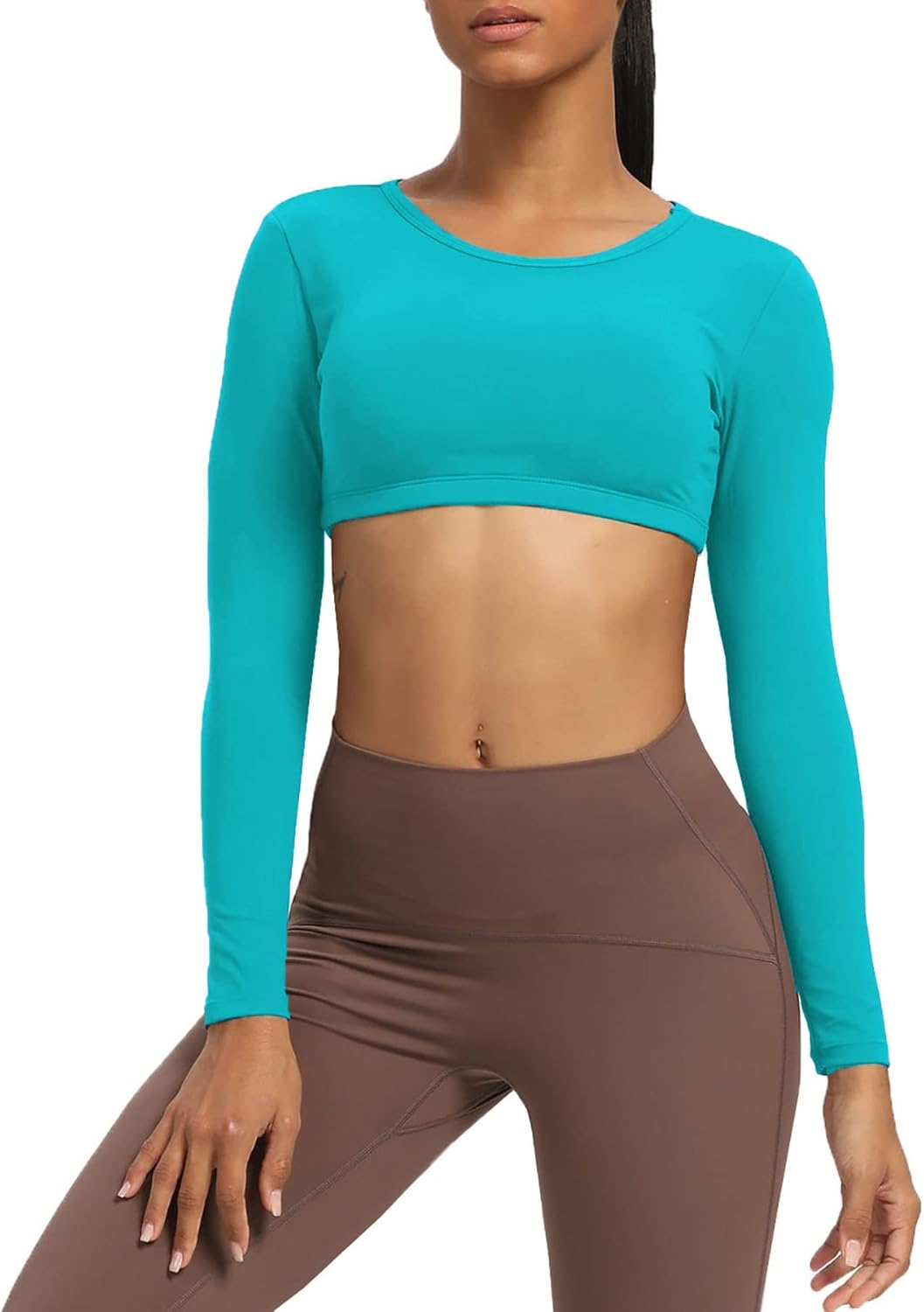Aoxjox Long Sleeve Crop Tops for Women Clarissa Backless Workout Crop T Shirt TopCascade Blue