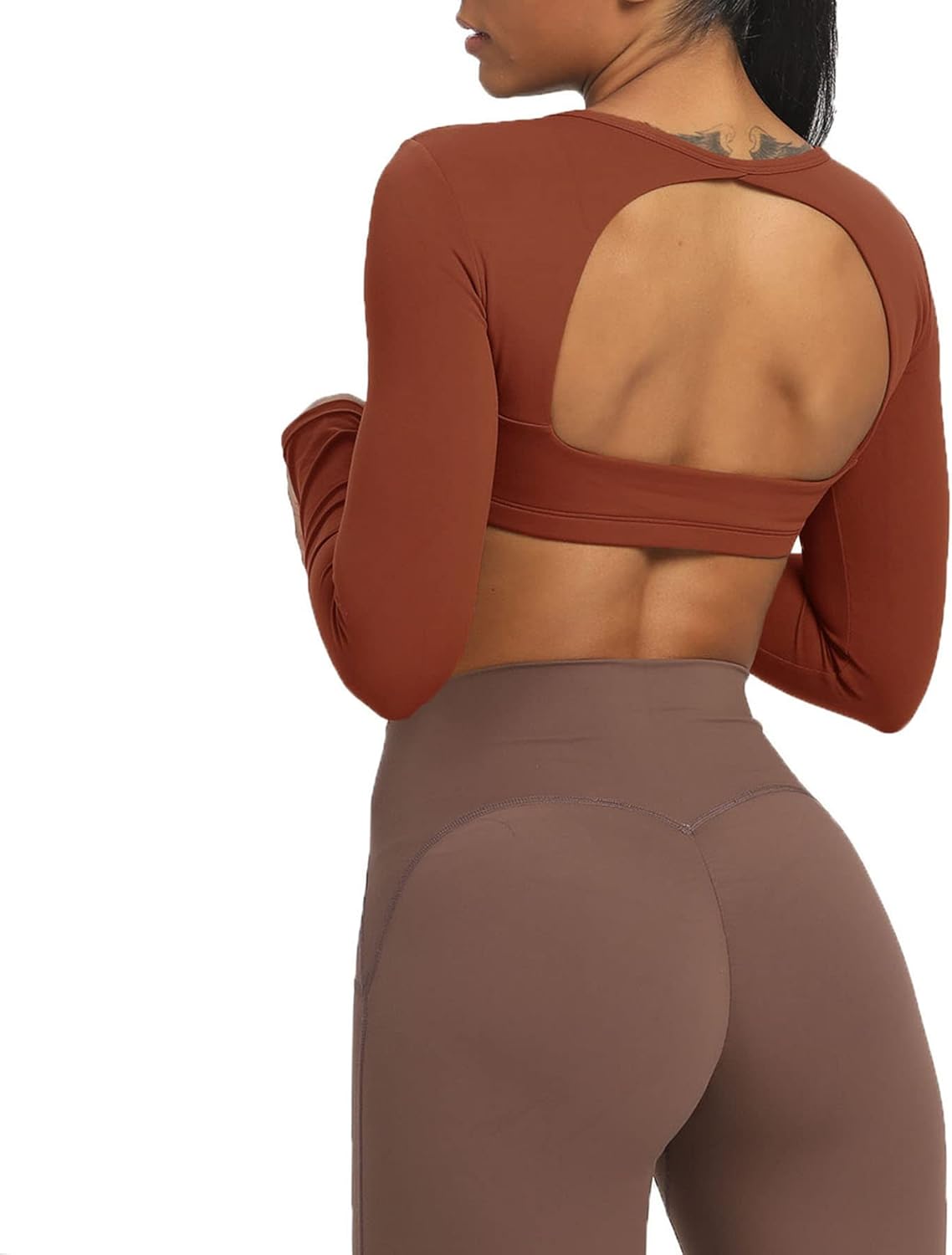 Aoxjox Long Sleeve Crop Tops for Women Clarissa Backless Workout Crop T Shirt TopCherry Mahogany