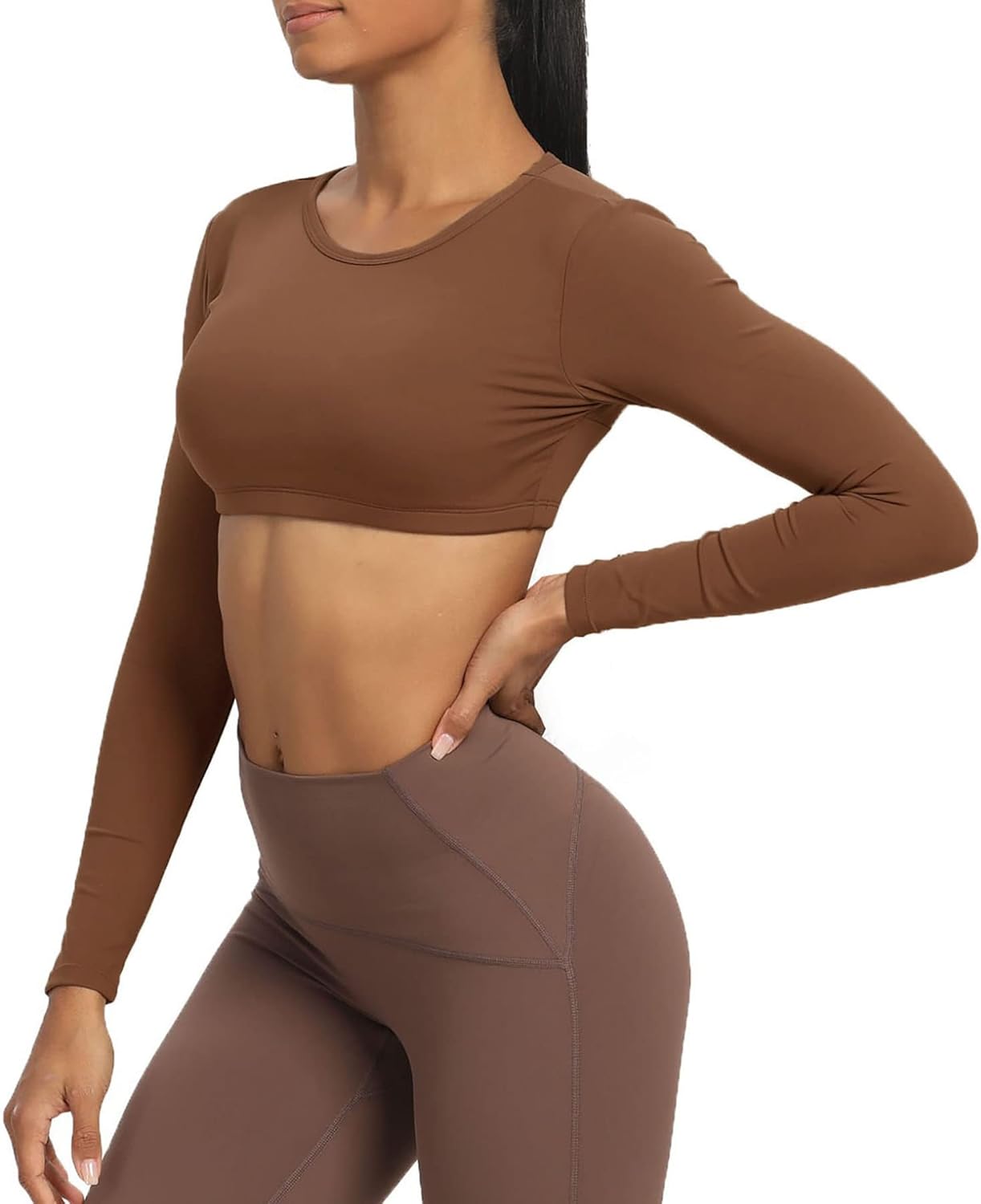 Aoxjox Long Sleeve Crop Tops for Women Clarissa Backless Workout Crop T Shirt TopDandelion Brown