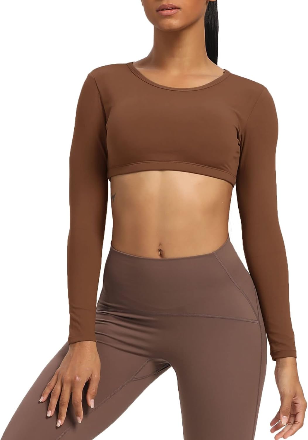 Aoxjox Long Sleeve Crop Tops for Women Clarissa Backless Workout Crop T Shirt TopDandelion Brown