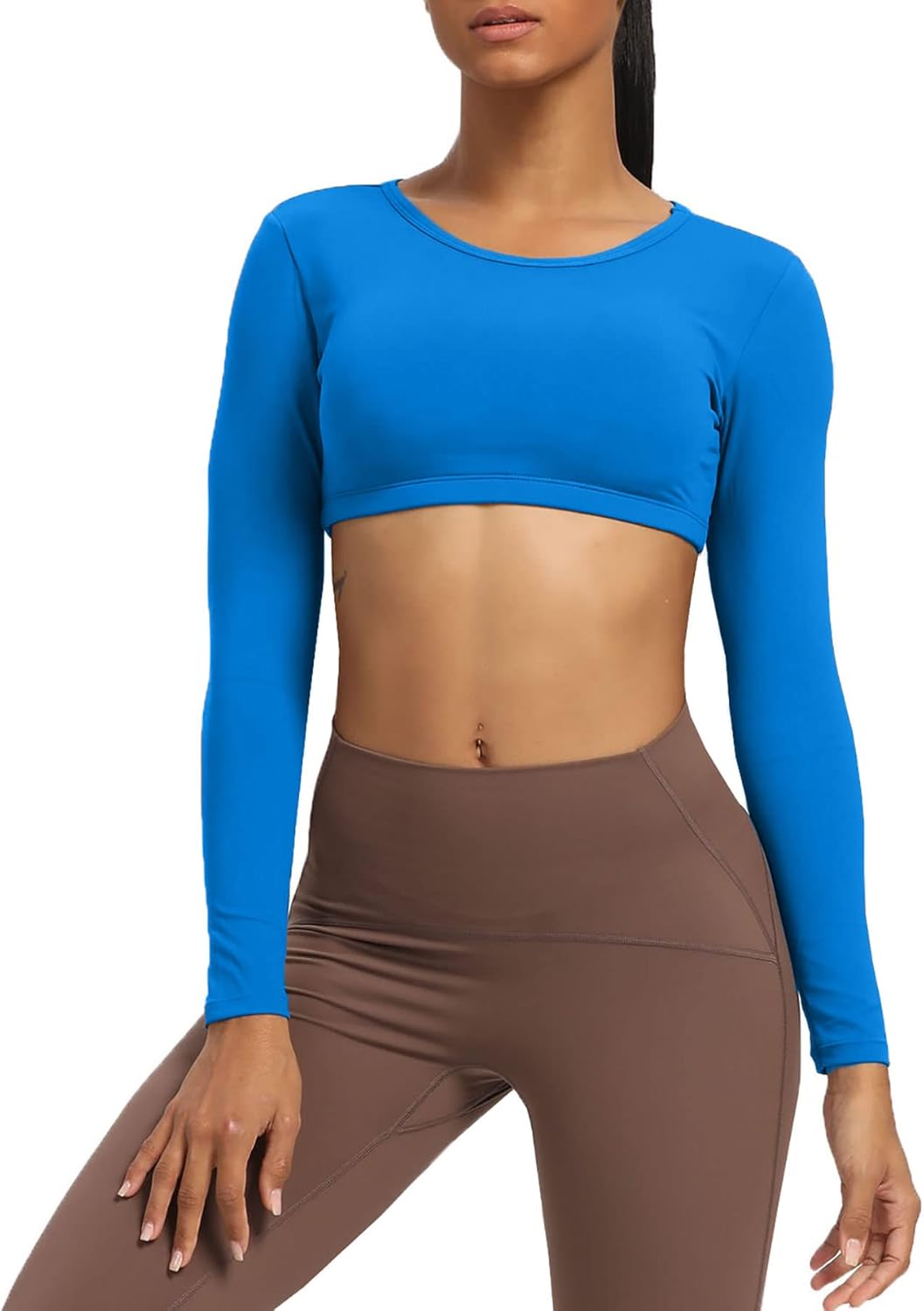 Aoxjox Long Sleeve Crop Tops for Women Clarissa Backless Workout Crop T Shirt TopDirectoire Blue