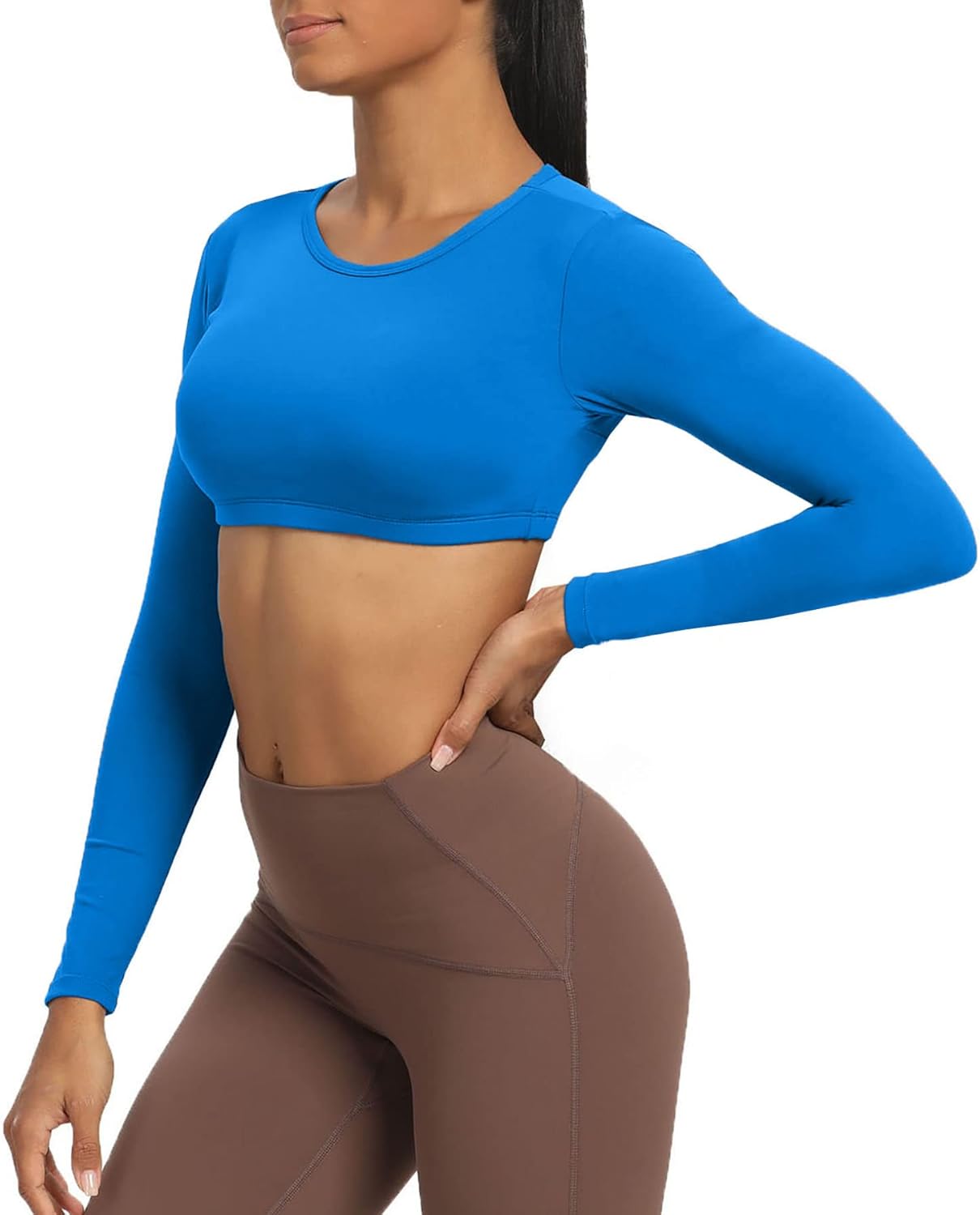 Aoxjox Long Sleeve Crop Tops for Women Clarissa Backless Workout Crop T Shirt TopDirectoire Blue
