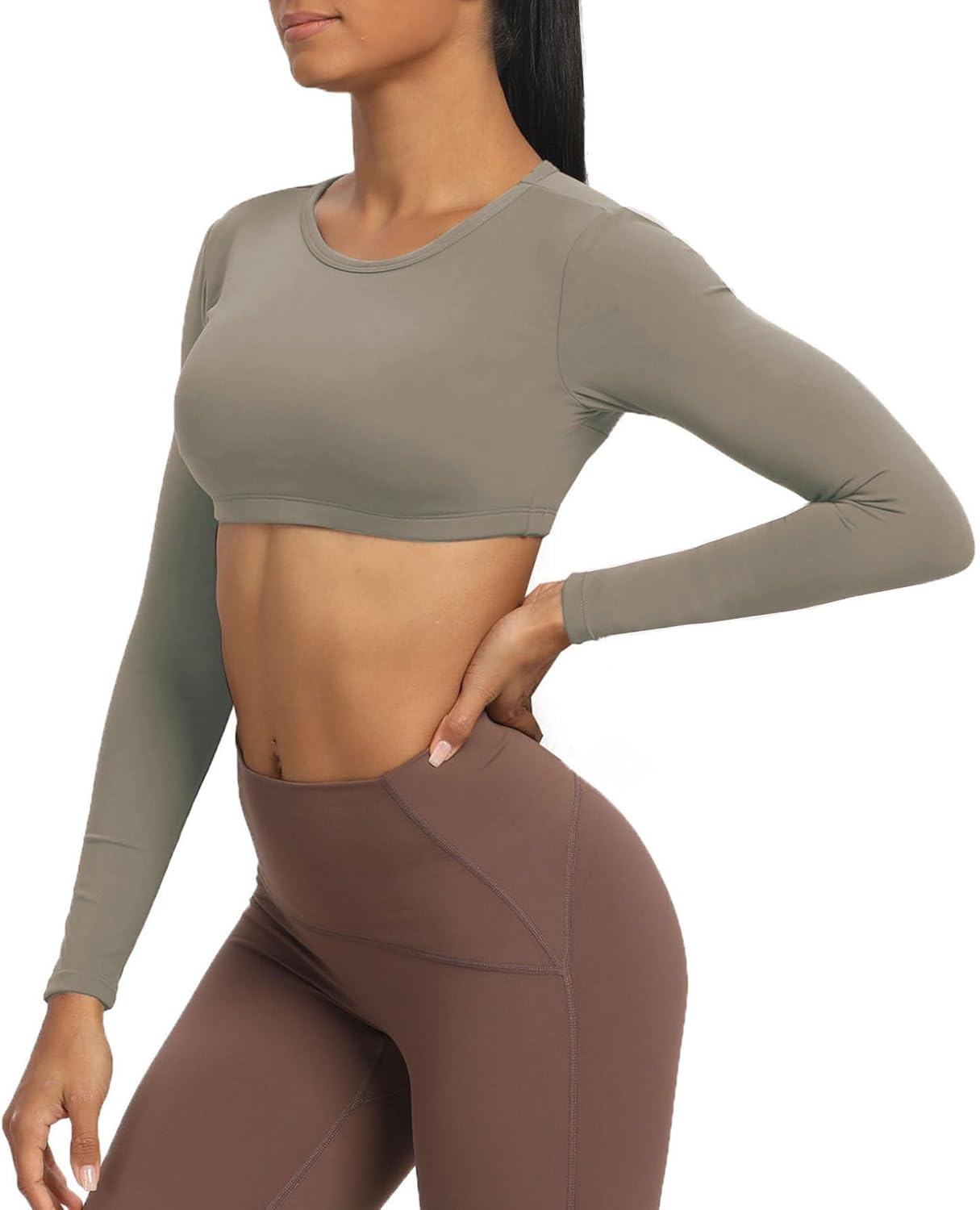 Aoxjox Long Sleeve Crop Tops for Women Clarissa Backless Workout Crop T Shirt TopDriftwood