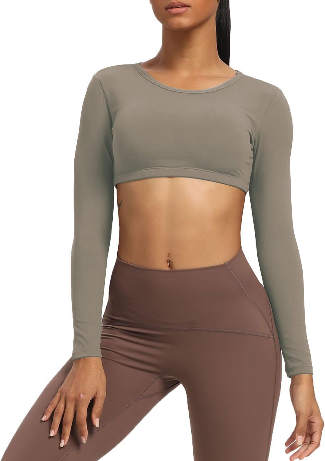 Aoxjox Long Sleeve Crop Tops for Women Clarissa Backless Workout Crop T Shirt TopDriftwood
