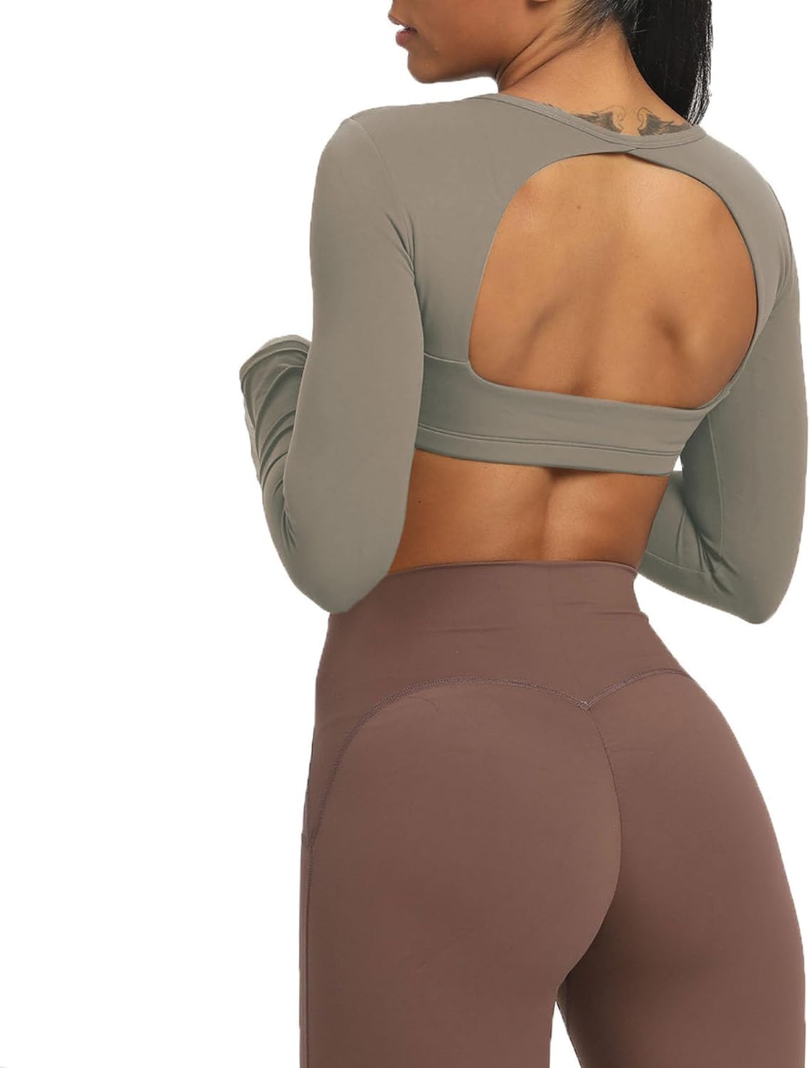 Aoxjox Long Sleeve Crop Tops for Women Clarissa Backless Workout Crop T Shirt TopDriftwood