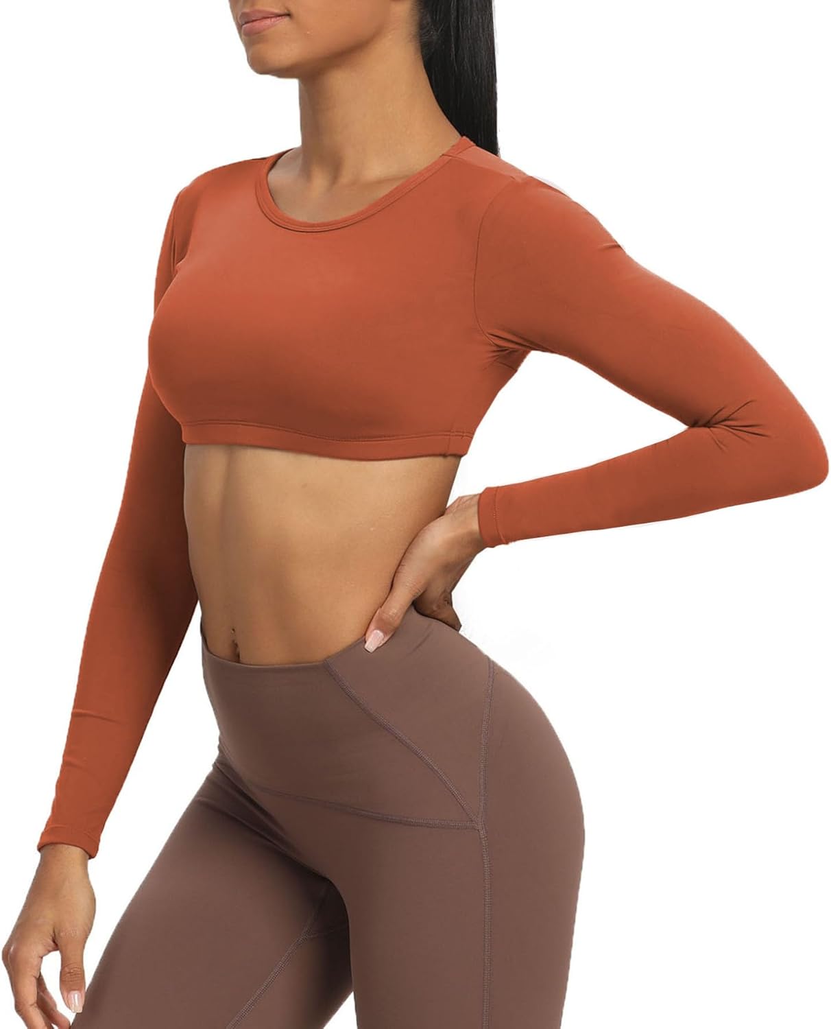Aoxjox Long Sleeve Crop Tops for Women Clarissa Backless Workout Crop T Shirt TopEarthy Brown