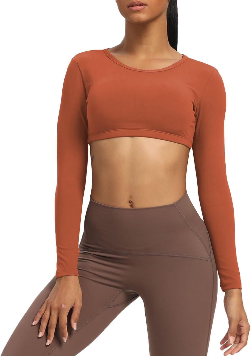 Aoxjox Long Sleeve Crop Tops for Women Clarissa Backless Workout Crop T Shirt TopEarthy Brown