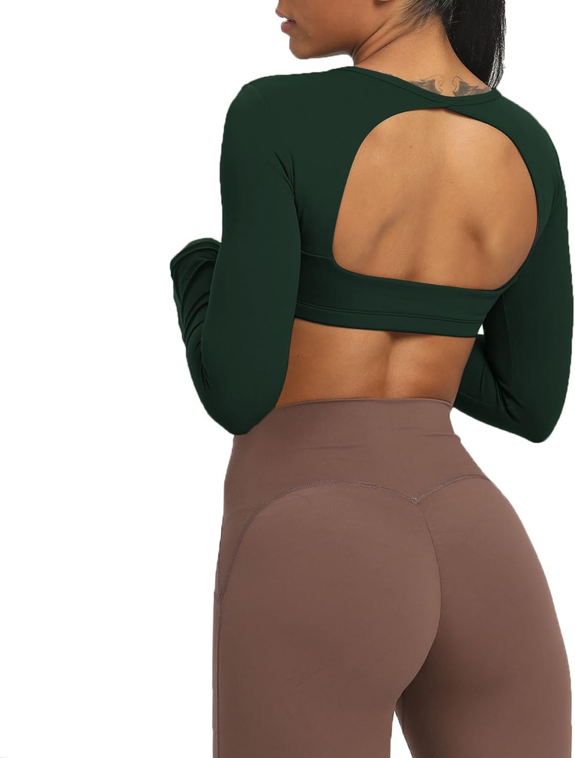 Aoxjox Long Sleeve Crop Tops for Women Clarissa Backless Workout Crop T Shirt TopForest Green Deep Depths Green