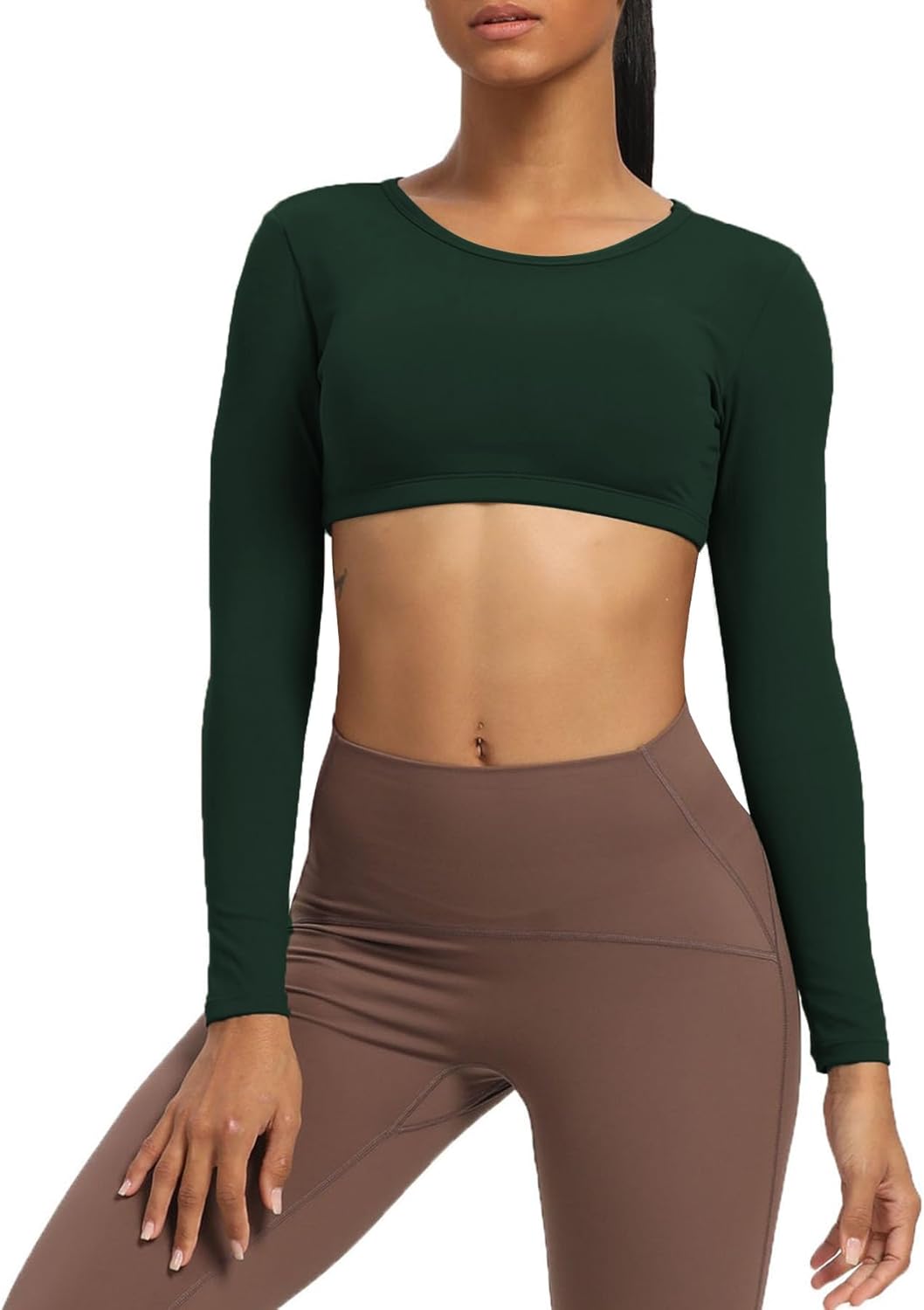 Aoxjox Long Sleeve Crop Tops for Women Clarissa Backless Workout Crop T Shirt TopForest Green Deep Depths Green