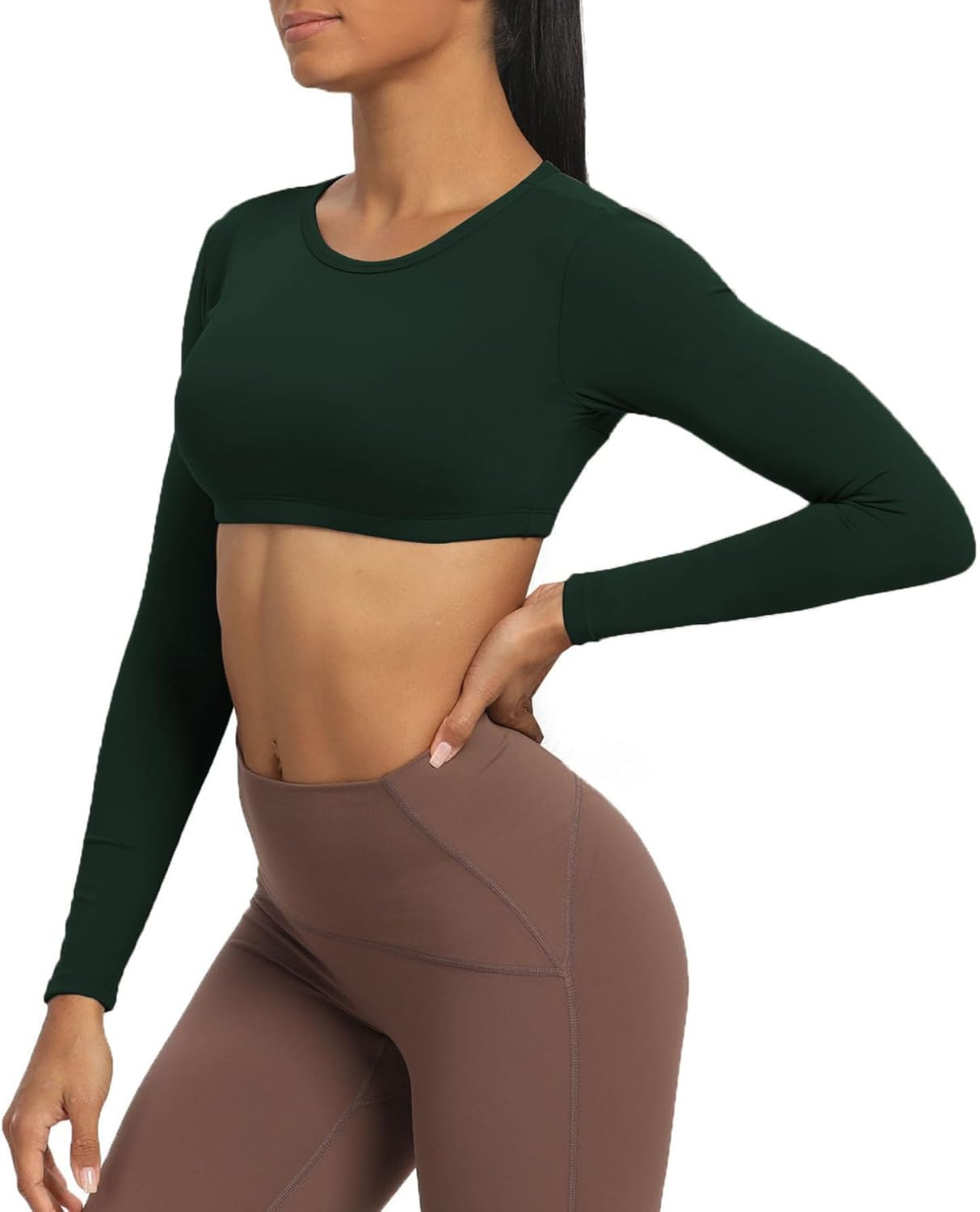 Aoxjox Long Sleeve Crop Tops for Women Clarissa Backless Workout Crop T Shirt TopForest Green Deep Depths Green