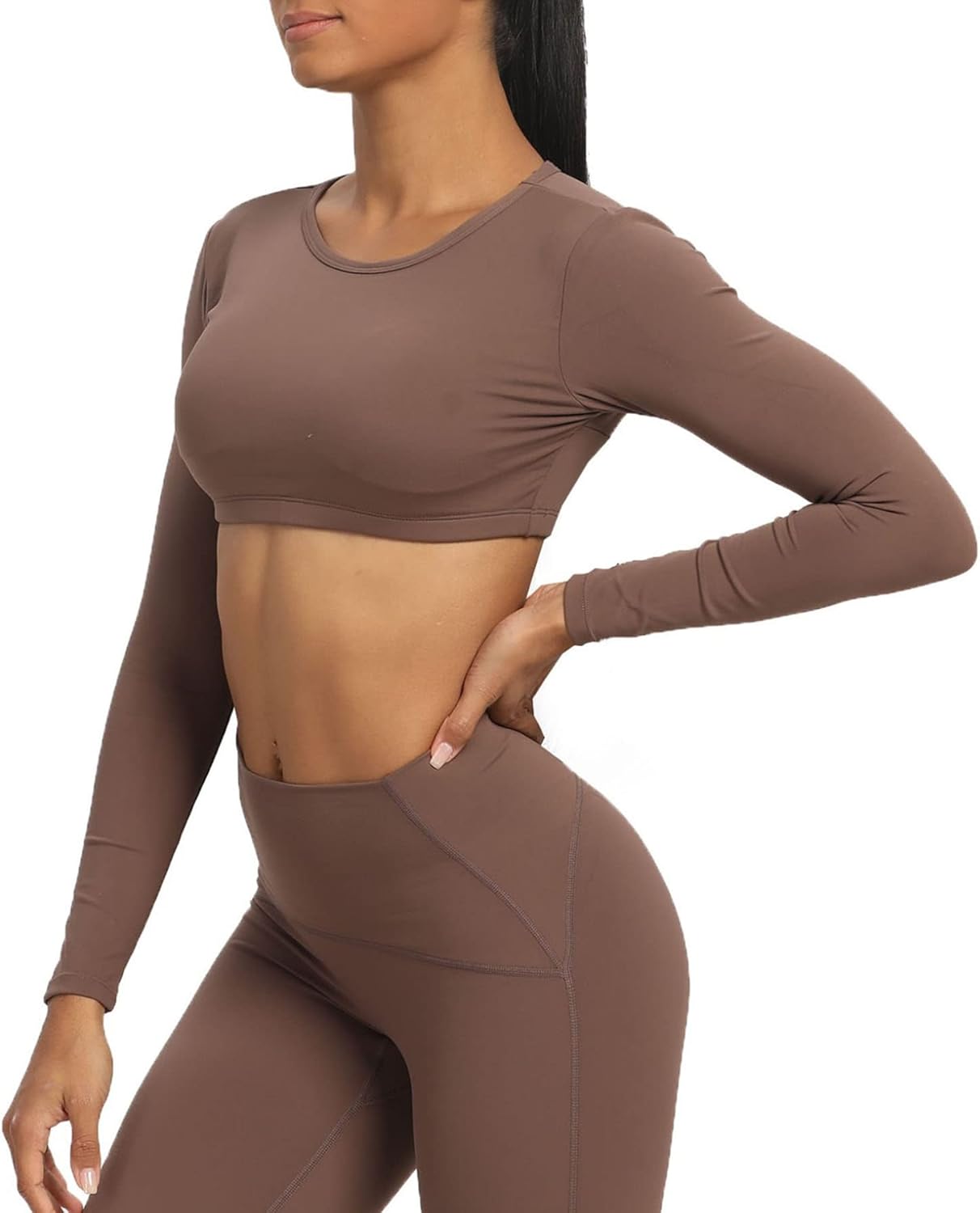 Aoxjox Long Sleeve Crop Tops for Women Clarissa Backless Workout Crop T Shirt TopFudge Coffee