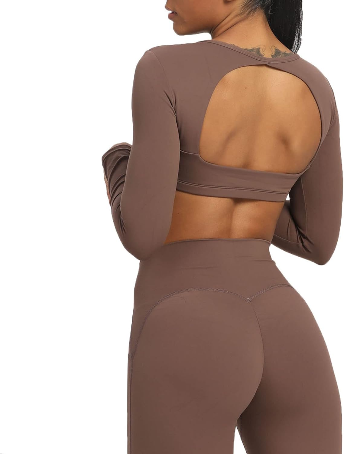 Aoxjox Long Sleeve Crop Tops for Women Clarissa Backless Workout Crop T Shirt TopFudge Coffee