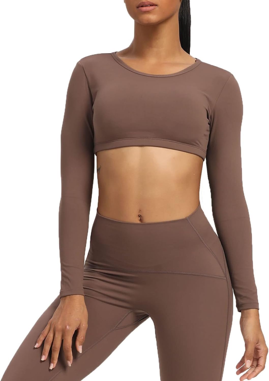 Aoxjox Long Sleeve Crop Tops for Women Clarissa Backless Workout Crop T Shirt TopFudge Coffee