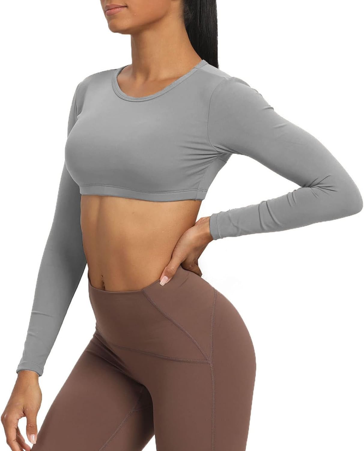 Aoxjox Long Sleeve Crop Tops for Women Clarissa Backless Workout Crop T Shirt TopGrey