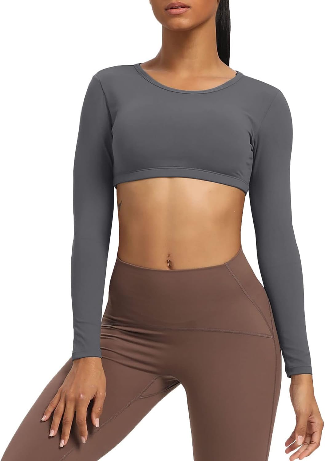 Aoxjox Long Sleeve Crop Tops for Women Clarissa Backless Workout Crop T Shirt TopIron Grey
