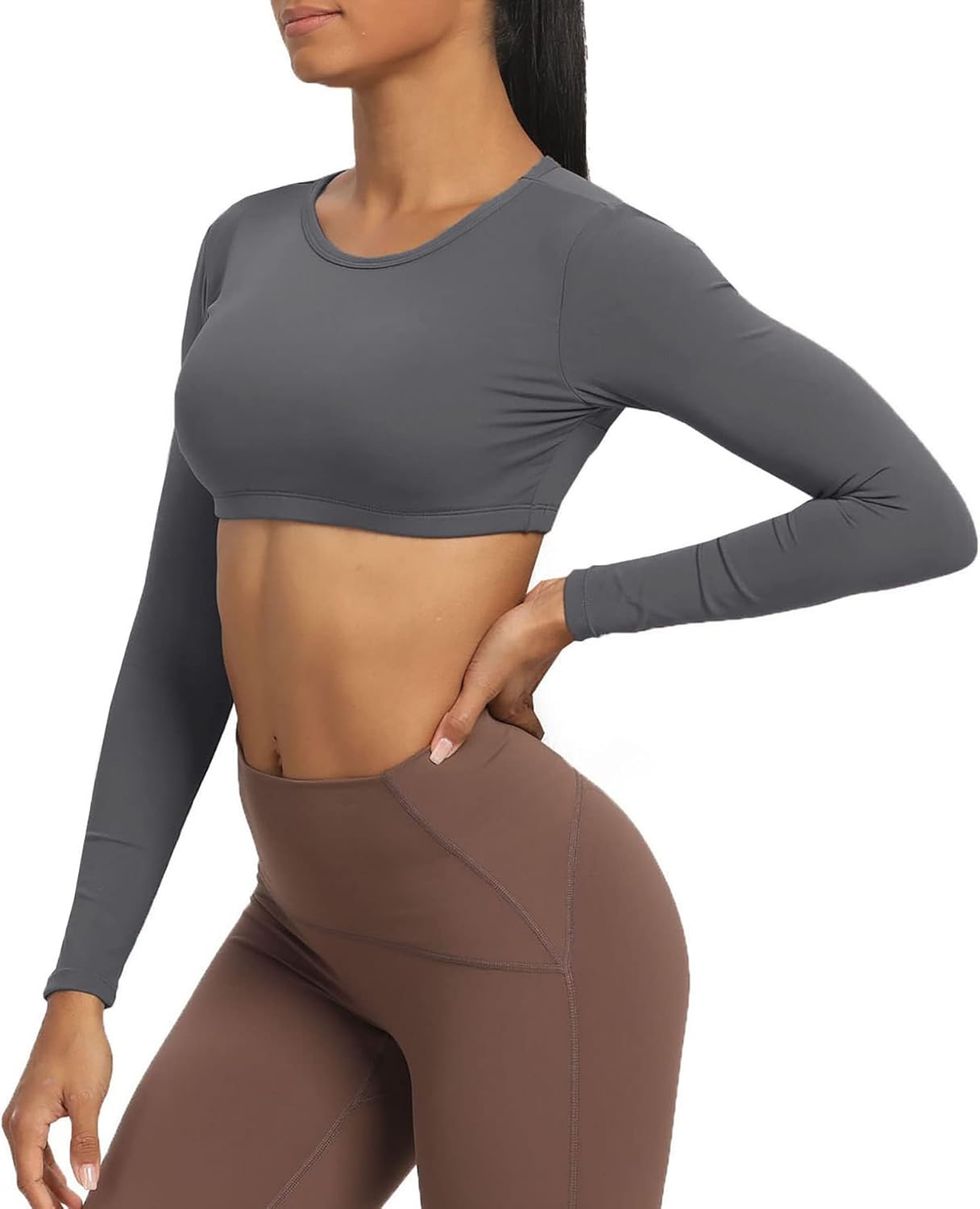 Aoxjox Long Sleeve Crop Tops for Women Clarissa Backless Workout Crop T Shirt TopIron Grey