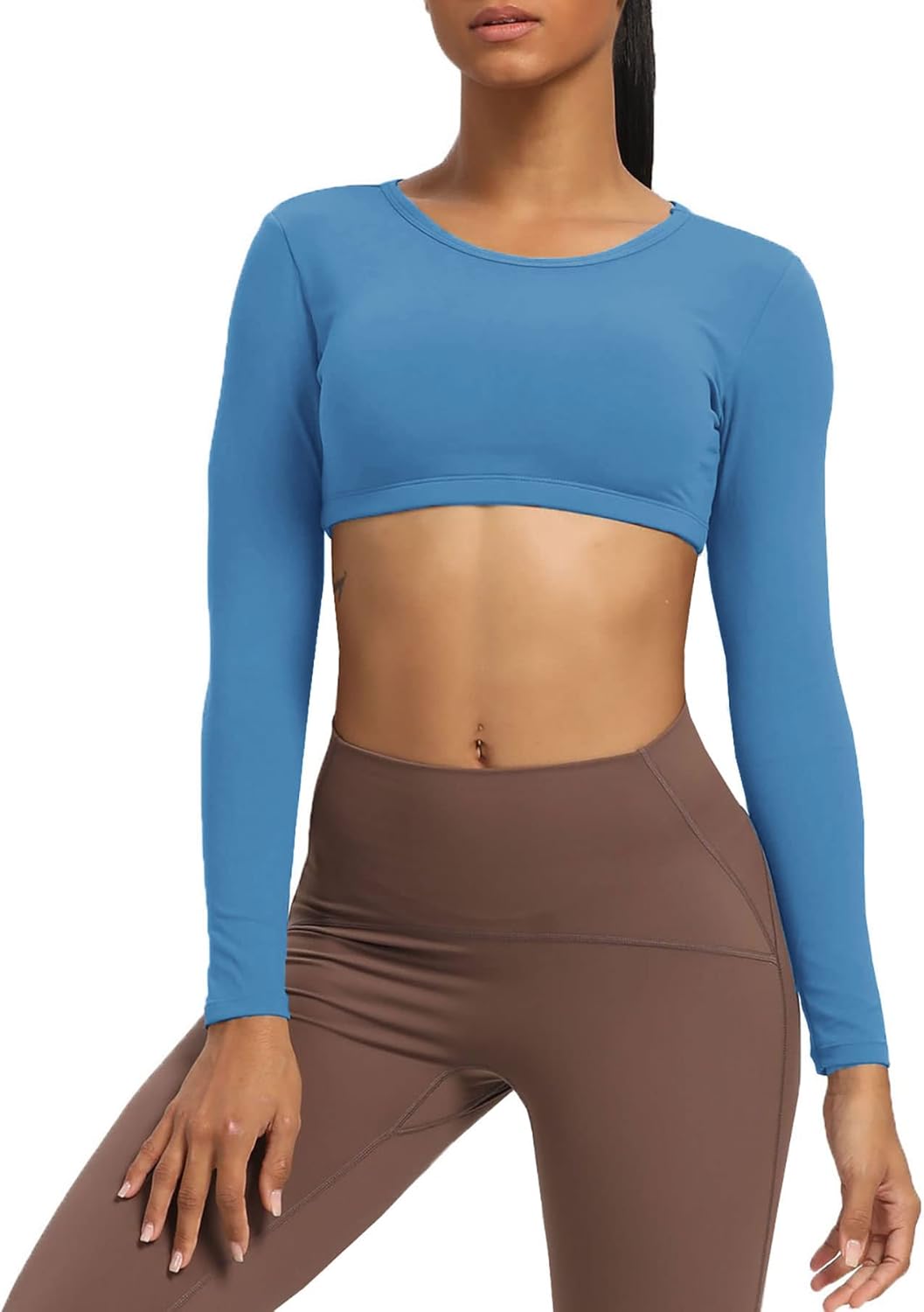 Aoxjox Long Sleeve Crop Tops for Women Clarissa Backless Workout Crop T Shirt TopMykonos Blue