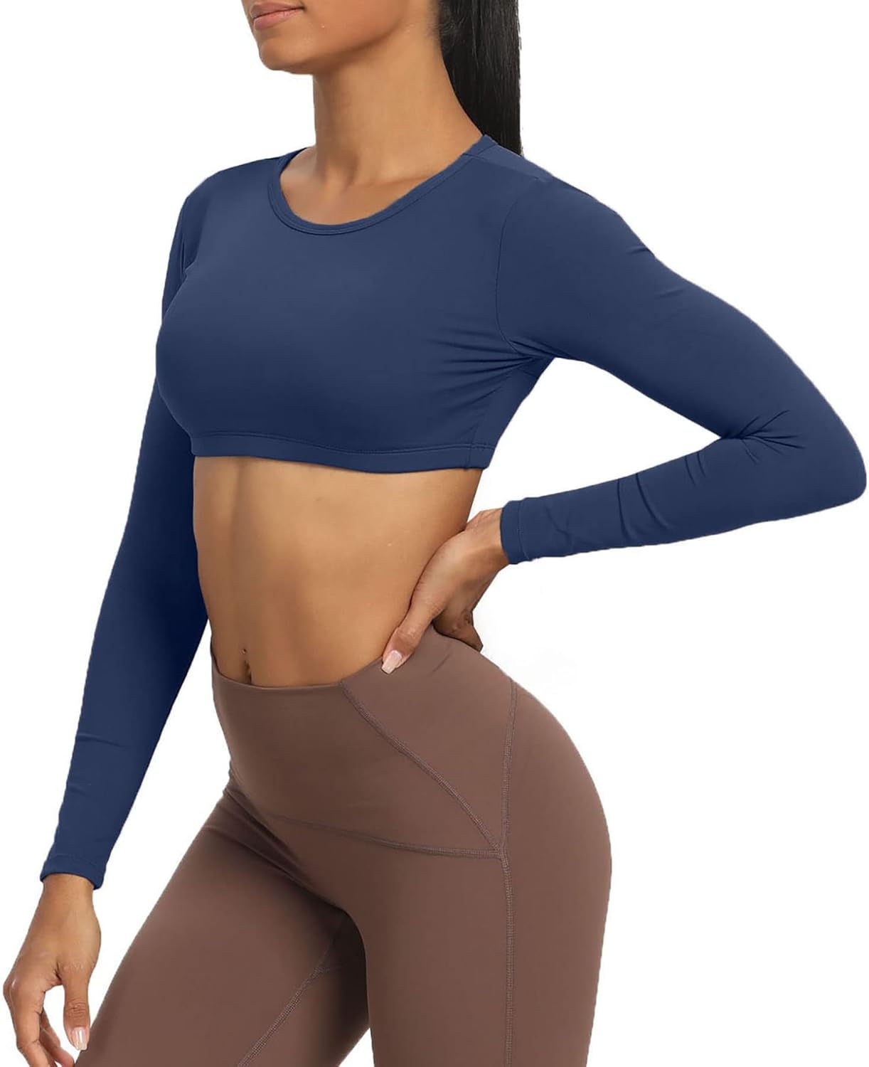 Aoxjox Long Sleeve Crop Tops for Women Clarissa Backless Workout Crop T Shirt TopNavy