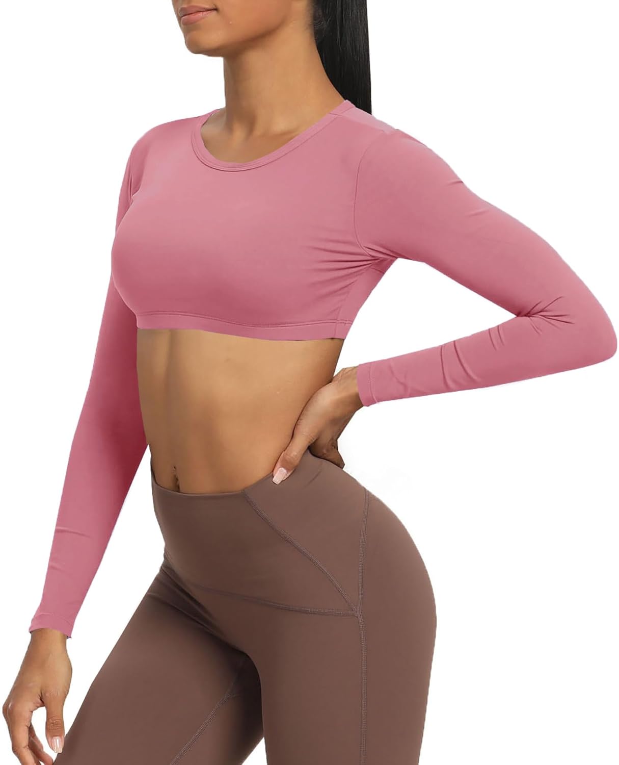 Aoxjox Long Sleeve Crop Tops for Women Clarissa Backless Workout Crop T Shirt TopPink