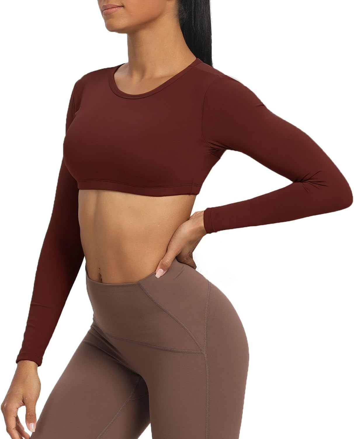 Aoxjox Long Sleeve Crop Tops for Women Clarissa Backless Workout Crop T Shirt TopRum Raisin