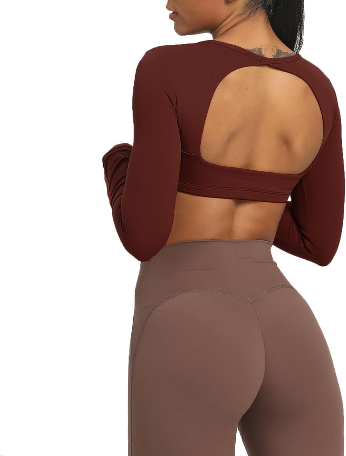 Aoxjox Long Sleeve Crop Tops for Women Clarissa Backless Workout Crop T Shirt TopRum Raisin