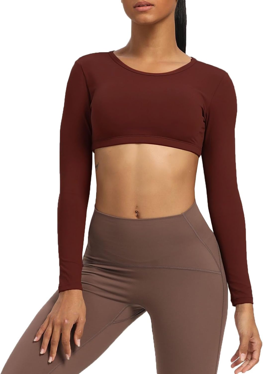 Aoxjox Long Sleeve Crop Tops for Women Clarissa Backless Workout Crop T Shirt TopRum Raisin